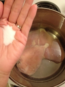 Boil chicken until cooked with a pinch of salt