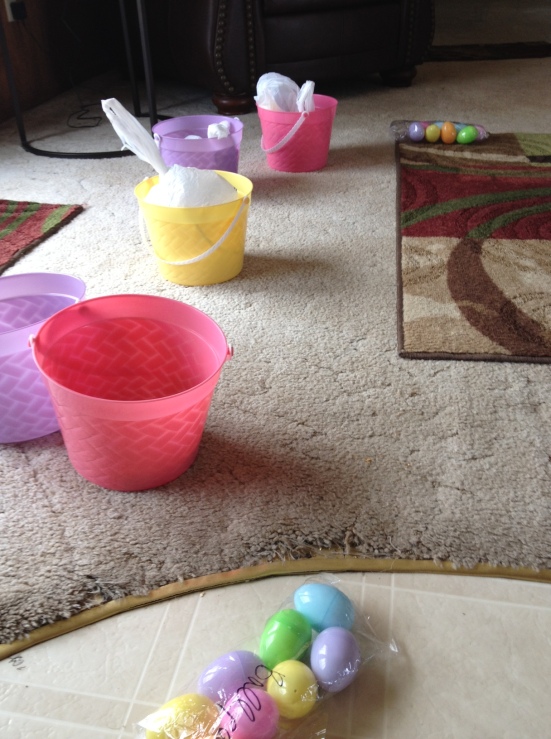 The Easter buckets we hid with the clues inside.